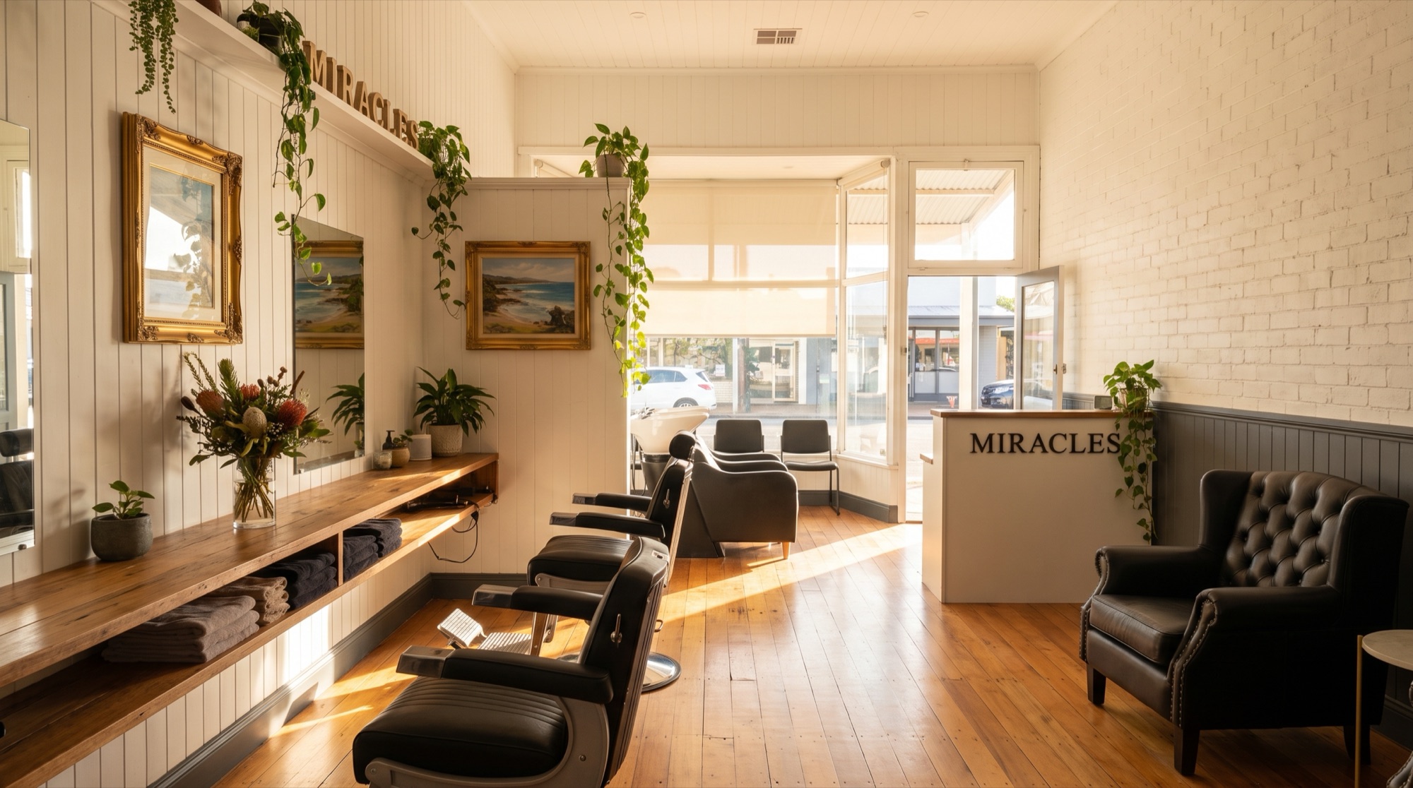 Inside the Miracles by the Sea salon — stylists at work among timber and greenery