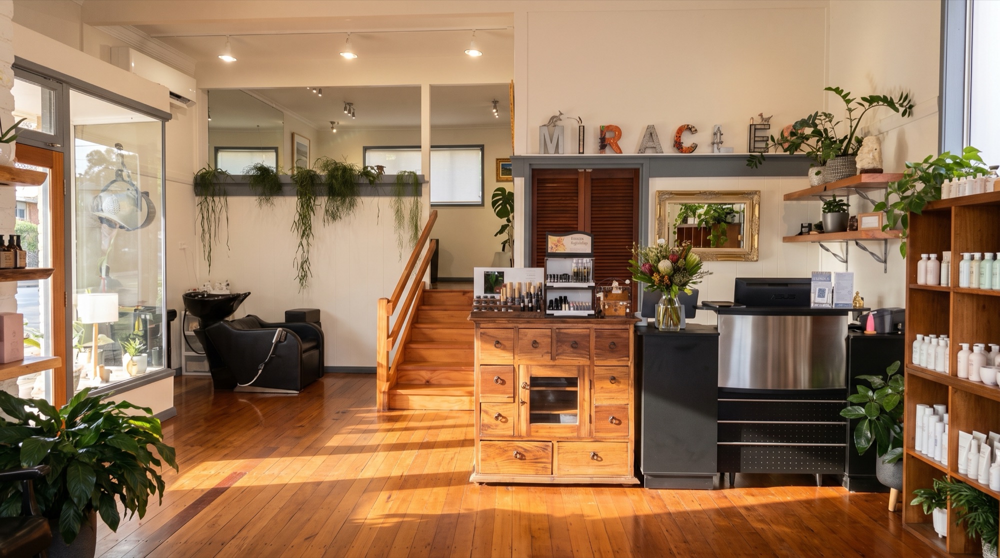 The light-filled salon interior at 20 Lamont Street, Bermagui